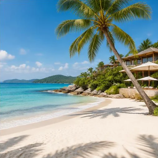 Praia tropical e resort, cenário inspiracional para a próxima viagem